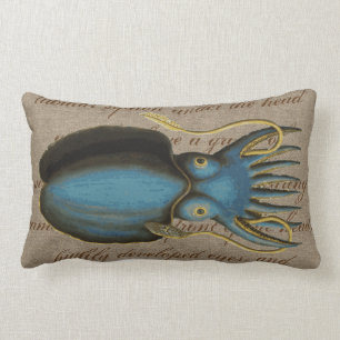 Vintage Blue Squid Sea Creature Nautical Burlap Lumbar Pillow