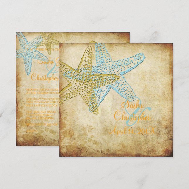 VINTAGE BLUE STARFISH WEDDING INVITATIONS (Front/Back)