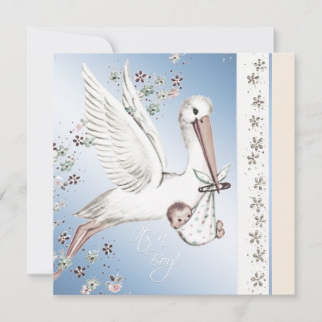 Vintage Blue Stork Baby Boy Shower Invitations (Devant)