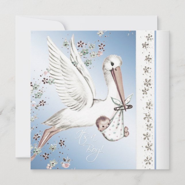 Vintage Blue Stork Baby Boy Shower Invitations (Devant)