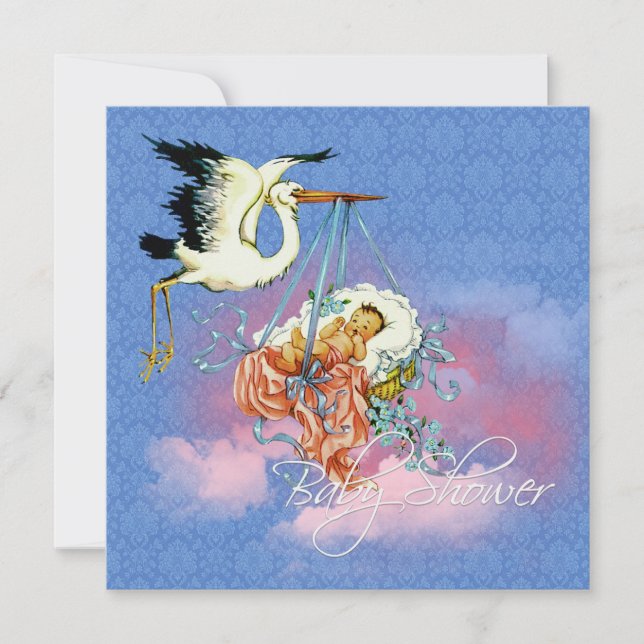 Vintage Blue Stork Baby Shower Invitation (Front)