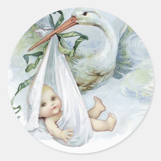 Vintage Blue Stork Baby Shower Stickers (Front)