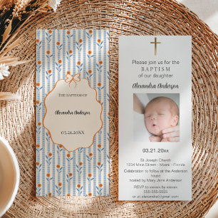 Vintage Blue Stripes Orange Floral Photo Baptism  Invitation
