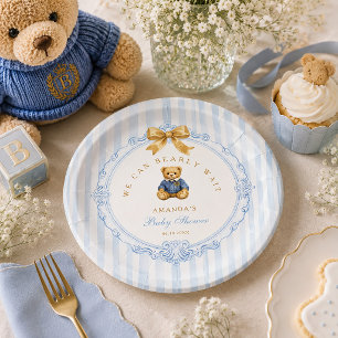 Vintage Blue Stripes Polo Teddy Bear Baby Shower Paper Plate