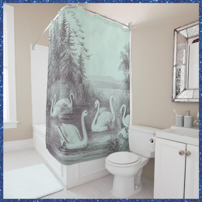 Vintage Blue Swan Lake Shower Curtain (Bookmark my store: https://www.zazzle.com/store/capricepetit?rf=238091145531749709)