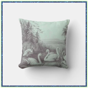 Vintage Blue Swan Lake Throw Pillow