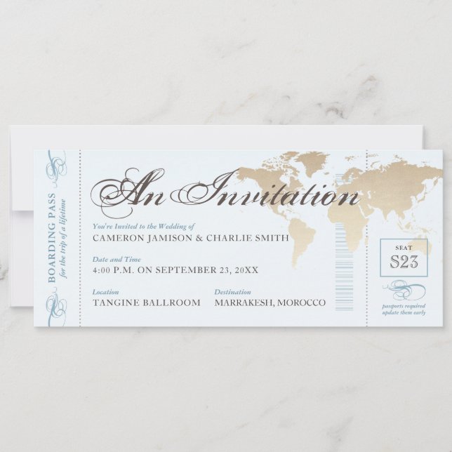 Vintage Blue Tan Destination Boarding Pass  Invita Invitation (Front)