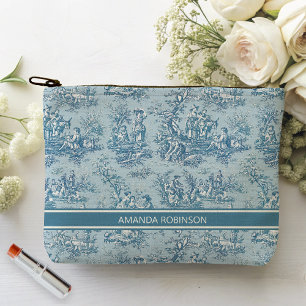Vintage blue teal toile de jouy printed accessory pouch