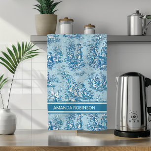 Vintage blue teal toile de jouy printed kitchen towel