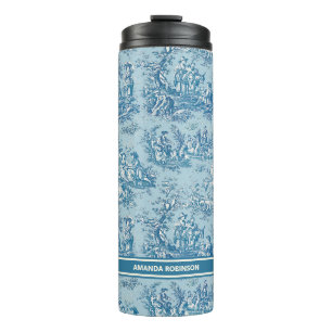 Vintage blue teal toile de jouy printed thermal tumbler