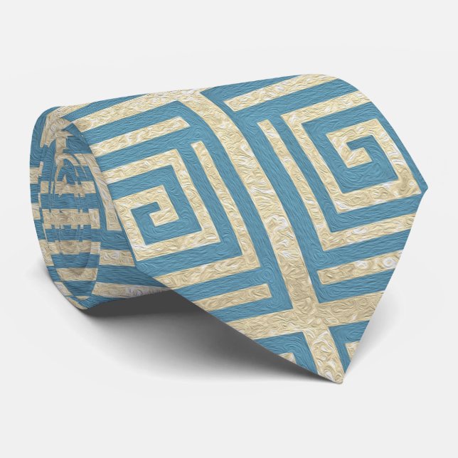 Vintage Blue Tile  Greek Meander Pattern Tie (Rolled)