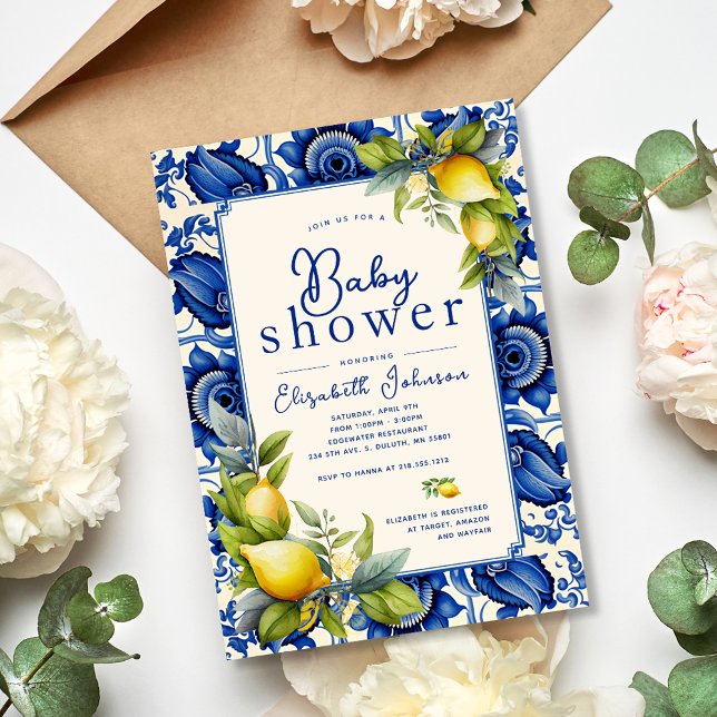 Vintage Blue Tile Yellow Lemons Baby Shower Invitation (Creator Uploaded)