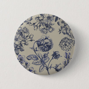 Vintage Blue Toile Botanical Floral Antique Patter 2 Inch Round Button