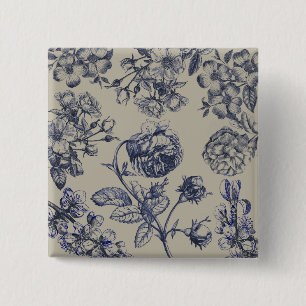 Vintage Blue Toile Botanical Floral Antique Patter 2 Inch Square Button