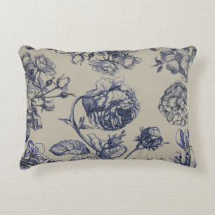 Vintage Blue Toile Botanical Floral Antique Patter Accent Pillow