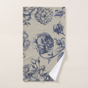Vintage Blue Toile Botanical Floral Antique Patter Bath Towel Set