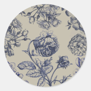 Vintage Blue Toile Botanical Floral Antique Patter Classic Round Sticker
