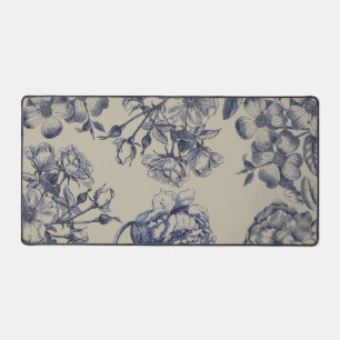 Vintage Blue Toile Botanical Floral Antique Patter Desk Mat