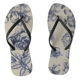 Vintage Blue Toile Botanical Floral Antique Patter Flip Flops