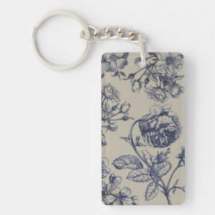 Vintage Blue Toile Botanical Floral Antique Patter Keychain
