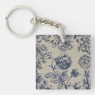 Vintage Blue Toile Botanical Floral Antique Patter Keychain
