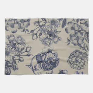 Vintage Blue Toile Botanical Floral Antique Patter Kitchen Towel