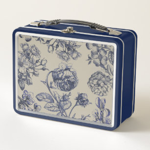 Vintage Blue Toile Botanical Floral Antique Patter Metal Lunch Box