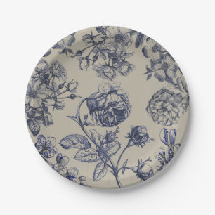 Vintage Blue Toile Botanical Floral Antique Patter Paper Plate