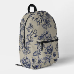 Vintage Blue Toile Botanical Floral Antique Patter Printed Backpack