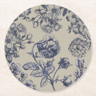 Vintage Blue Toile Botanical Floral Antique Patter Round Paper Coaster