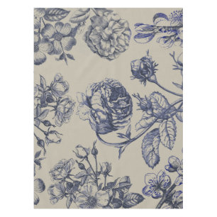Vintage Blue Toile Botanical Floral Antique Patter Tablecloth