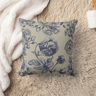 Vintage Blue Toile Botanical Floral Antique Patter Throw Pillow