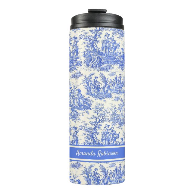 Vintage blue toile de jouy printed thermal tumbler (Front)