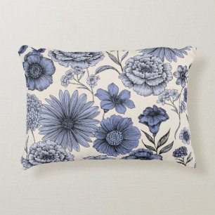 Vintage Blue Toile Floral Botanical Pattern Accent Pillow