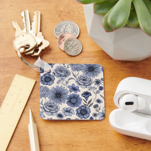 Vintage Blue Toile Floral Botanical Pattern Keychain (Desk)