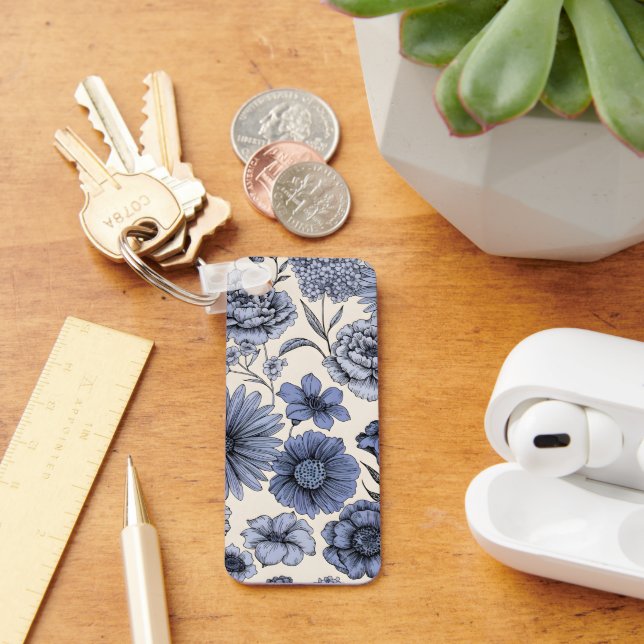 Vintage Blue Toile Floral Botanical Pattern Keychain (Desk)