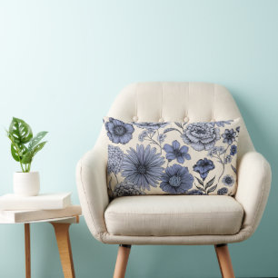 Vintage Blue Toile Floral Botanical Pattern Lumbar Pillow
