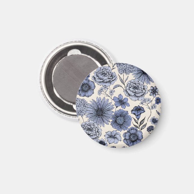 Vintage Blue Toile Floral Botanical Pattern Magnet (Front/Back)