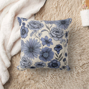 Vintage Blue Toile Floral Botanical Pattern Throw Pillow