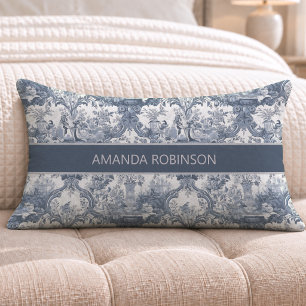 Vintage Blue Toile Floral Damask Monogram Lumbar Pillow