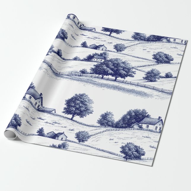Vintage Blue Toile Landscape (3) Wrapping Paper (Unrolled)