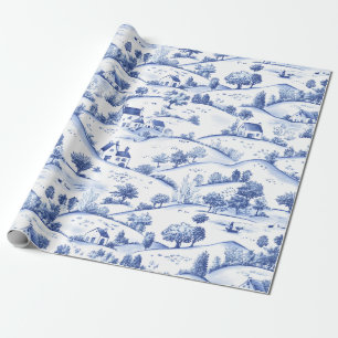 Vintage Blue Toile Landscape (4) Wrapping Paper