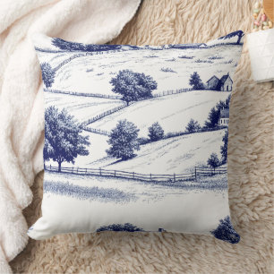 Vintage Blue Toile Landscape (6) Throw Pillow