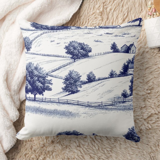 Vintage Blue Toile Landscape (6) Throw Pillow (Blanket)