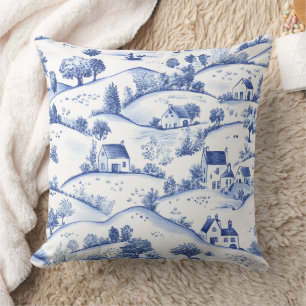 Vintage Blue Toile Landscape Throw Pillow