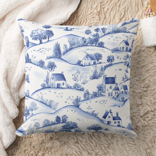 Vintage Blue Toile Landscape Throw Pillow (Blanket)