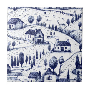 Vintage Blue Toile - Trees Pastoral Architecture Tile