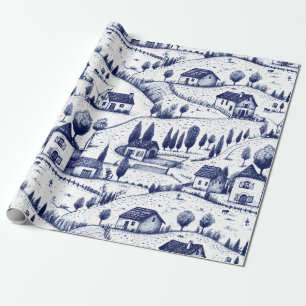 Vintage Blue Toile - Trees Pastoral Architecture Wrapping Paper