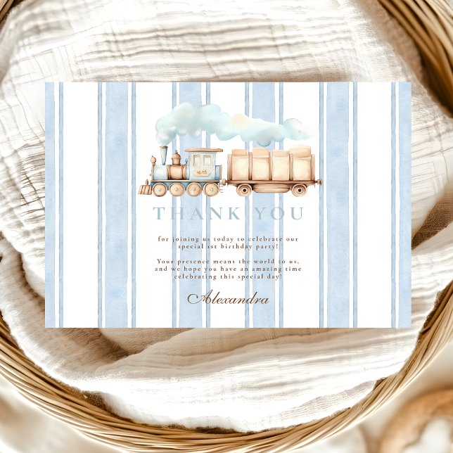 Vintage Blue Train 1st Birthday  Thank You Card (Creator Uploaded)