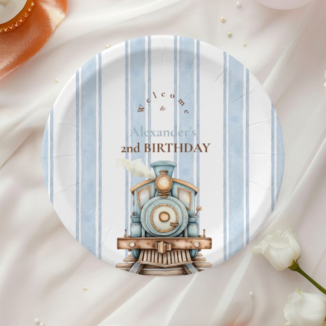 Vintage Blue Train 2nd Birthday Paper Plate (Creator Uploaded)